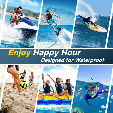 Collage of water sports and beach activities, highlighting fun with Two Pack Waterproof Phone Pouch Go To Up To 10 Inch Large Universal IPX8 Dry Bag.