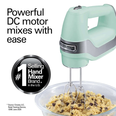 Smooth Operator 5 Speed Electric Hand Mixer With Slow Start Tech And Quick Burst Design Includes Stainless Steel Twisted Wire Beaters Whisk And Secure Snap On Case For No Stress Baking Prep In Classic Mint mixing cookie dough in a clear bowl.