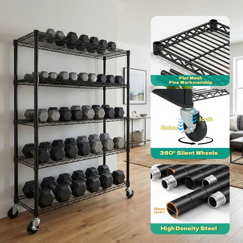 Heavy Duty Wire Shelving Unit With Wheels And 600D Oxford Cover, 36-Inch By 18-Inch By 72-Inch, Upward Facing Safety Wave Edge Design, Sturdy 19mm Metal Rods And Reinforced Panels For Stable Garage Storage, with dumbbells