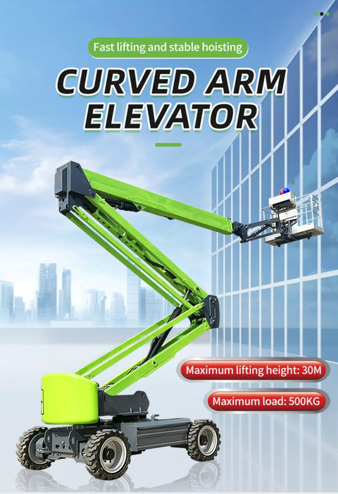 Self Propelled Towable Telescopic Boom Lift Featuring Slick Trailered Chassis And Rock Solid Aerial Reach Built Tough For Everyday Job Site Grind Heavy Duty Mobile Aerial Work Platform, showcasing green curved arm design.
