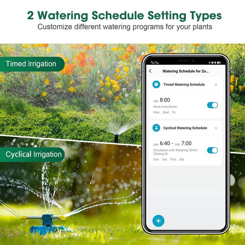 Smart Hose Timer With WiFi Hub For Automatic Lawn And Garden Irrigation, Alexa Compatible, 2 watering schedule settings displayed