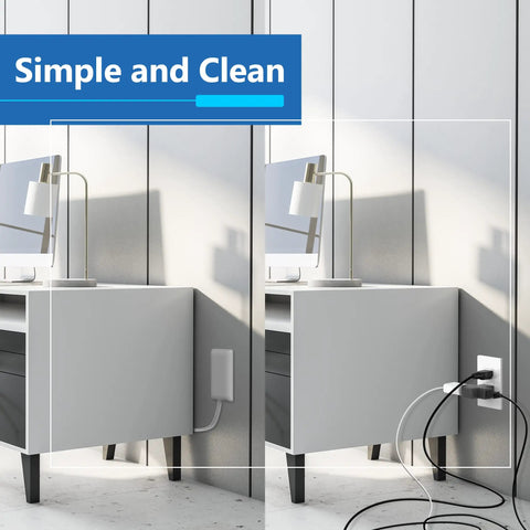 Sleek Flat Face Outlet Extender With 3 Receptacles And Ultra Thin Wall Plate Plug With Power Strip And 3 Foot Cord 1625W ETL Listed Matte White 1 Pack, Residential Grade next to a desk in a modern room.