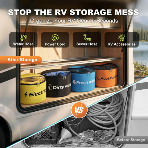 RV Sewer Hose Storage Kit 4 Pack With Two-Way Zipper Closures and See-Through Odor Blocking Covers in organized camper compartment.