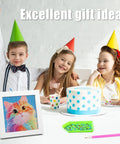 Diamond Art Kit For Kids Ages 8 To 12 6x6 Canvas With 7x7 Frame Kid Friendly No Fuss Easy Starter Set For Beginners Creative Arts And Crafts Gift For Girls And Boys Colorful Cat Design shown next to kids at a birthday party.