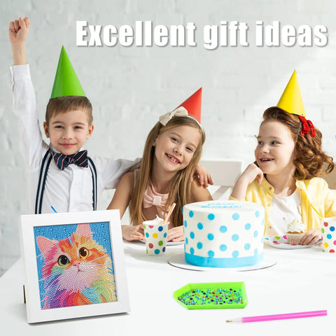 Diamond Art Kit For Kids Ages 8 To 12 6x6 Canvas With 7x7 Frame Kid Friendly No Fuss Easy Starter Set For Beginners Creative Arts And Crafts Gift For Girls And Boys Colorful Cat Design shown next to kids at a birthday party.