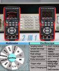 2 In 1 Oscilloscope Multimeter With 2.8 Inch IPS Display, showing dual screens with voltage and waveform in red casing.