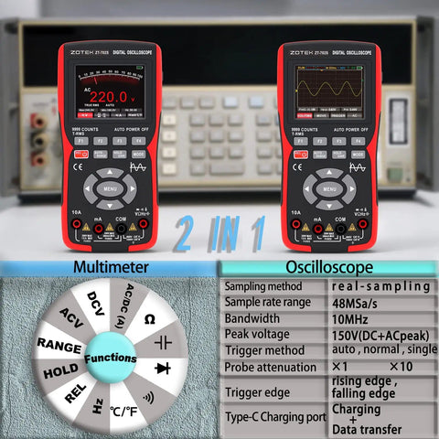 2 In 1 Oscilloscope Multimeter With 2.8 Inch IPS Display, showing dual screens with voltage and waveform in red casing.