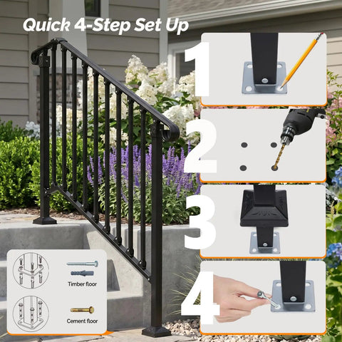 Quick 4-step setup for Straight Up Tough Wrought Iron Stair Handrail With Secure Balusters for Outdoor Deck and Concrete Steps.