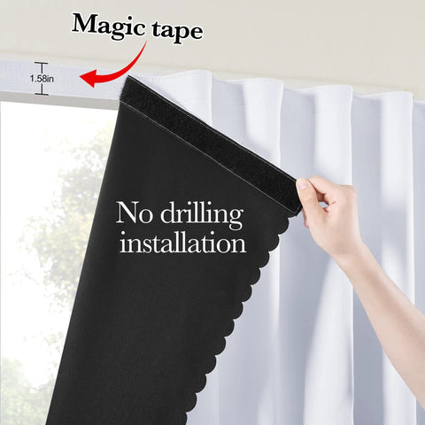 No Drill Adhesive Blackout Curtain Panel For Bedroom And Living Room, Thermal Insulated, Easy Install Stick On Window Door Cover, 100 Percent Light Blocking, Greyish White, W35 by L63, 1 Panel shown partially installed with magic tape