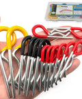 Close-up of 14-piece heavy-duty hitch pin clips with rubber-coated grips in yellow, black, and red, shown with a plastic storage case.