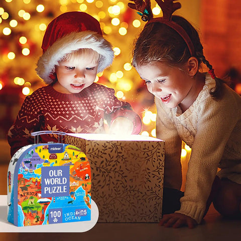 Kids opening box with Hands-On World Map Puzzle For Kids Ages 4-8, 100 Piece Floor Puzzle With Continents, Landmarks, Animals
