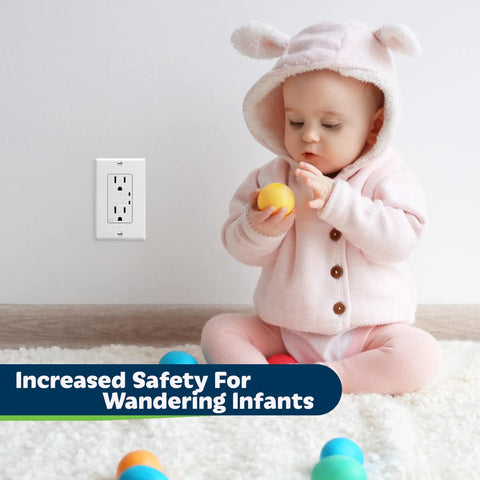Decorator Receptacle Outlet With Surge Protector And Grounding Indicator 900 Joules 2 Pack installed near infant playing on floor