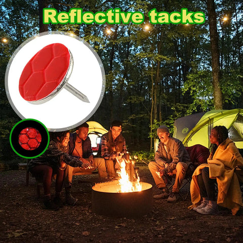 High Visibility Trail Marker Tacks Set 50 Reflective Metal Tacks beside campers at night