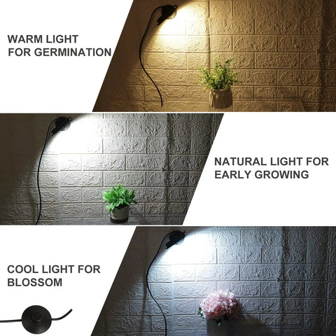 LED Spot Light Indoor 2 Pack With 120V Accent Uplight, 3 Color Temperature Modes, showcasing warm, natural, cool light on plants