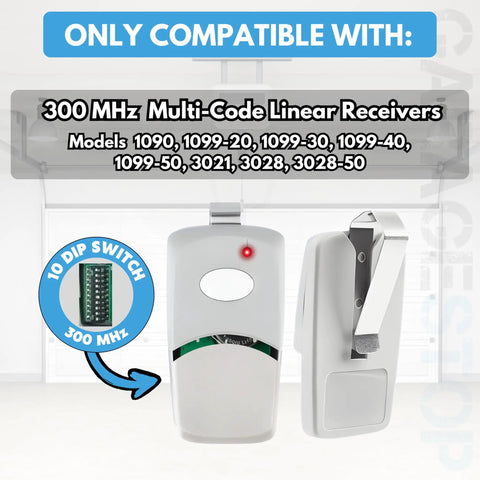 Multicode 3089 308911 Garage Door Opener Remote with 300MHz compatibility and 10 dip switch shown with side view clip