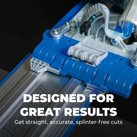 Premium Circular Saw Track Guide With Precision Track Clamps, 50 Inch Anti Splinter Rail showing accurate cuts on an aluminum track.