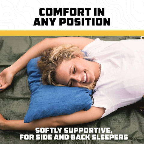 Woman sleeping on blue Memory Foam Travel Pillow For Planes And Cars Ultra Compact Easy Carry Micro Suede Neck Support For Adults