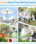Outdoor Patio Mister Stand With Quick Install Hose Sprayer for Cooling Up to 20 Degrees shown with umbrella, flowers, dog.
