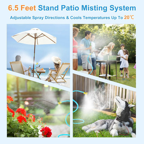 Outdoor Patio Mister Stand With Quick Install Hose Sprayer for Cooling Up to 20 Degrees shown with umbrella, flowers, dog.