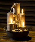 Indoor Tabletop Tiered Water Fountain With 3 Candles, 11 Inch Brown, cozy desk setup with cascading water and tealight candles
