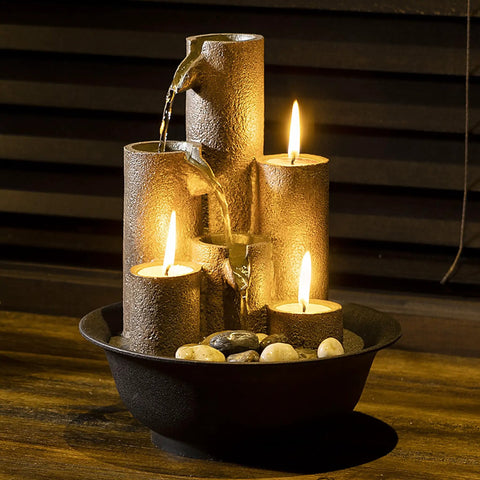 Indoor Tabletop Tiered Water Fountain With 3 Candles, 11 Inch Brown, cozy desk setup with cascading water and tealight candles