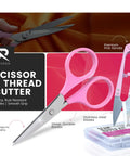 Pink scissors and thread cutter from All In One Handy 7 Piece Seam Ripper Kit With 2 Large Rippers Including Classic And Ergonomic 2 Small Rippers Thread Cutter Scissors And Measuring Tape For Sewing Notions Quilting And Craft Projects Durable Sharp Ergonomic Handles.
