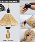 Installation steps for Boho Plug In Pendant Light With Dimmable Bulb And Switch, Hand Woven Hemp Rope Farmhouse Pendant Fixture, focusing on socket and hemp rope attachment.
