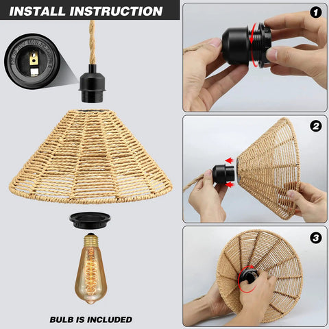 Installation steps for Boho Plug In Pendant Light With Dimmable Bulb And Switch, Hand Woven Hemp Rope Farmhouse Pendant Fixture, focusing on socket and hemp rope attachment.