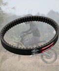 Beefy Torque Primary Belt For Sur Ron Light Bee Segway X260 X160 And Talaria XXX 16mm Wide Upgrade With Ethylene Elastomer Core And Aramid Fiber For Low Stretch And Heat Resistance primary belt shown on dirt e-bike