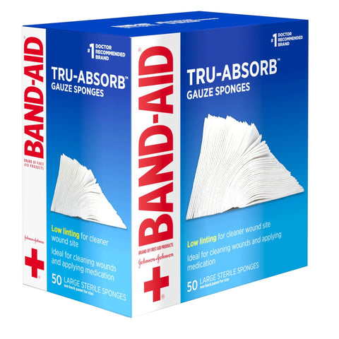 Band-Aid Tru-Absorb gauze sponges box, blue packaging, 50 large sterile 4x4 in pads