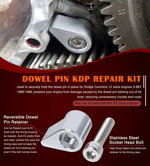 Dowel Pin KDP Repair Kit for Dodge Cummins engines, featuring a stainless steel socket head bolt and reversible dowel pin retainer.