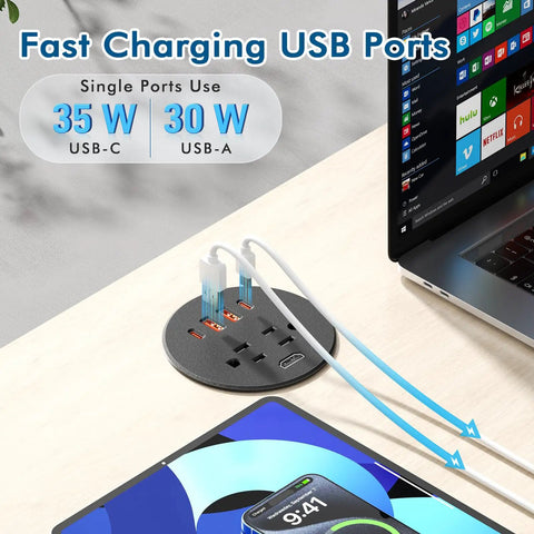 3 Inch Desk Power Grommet With 35W Usb C Fast Charging With 4 Usb Ports And Hdmi showing USB ports and connections to devices.