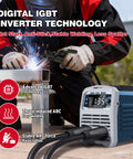 135A 110V Mini Stick Welder And Lift TIG 2 in 1 Portable Welding Machine in use with digital IGBT technology, welder working on metal.
