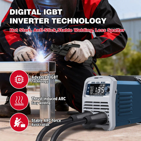 135A 110V Mini Stick Welder And Lift TIG 2 in 1 Portable Welding Machine in use with digital IGBT technology, welder working on metal.