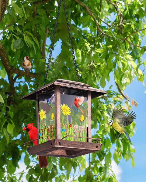 Solar Bird Feeder And Lantern For Outdoors Chew Proof Metal Feeder With Big Two And A Half Pound Seed Capacity hanging in tree