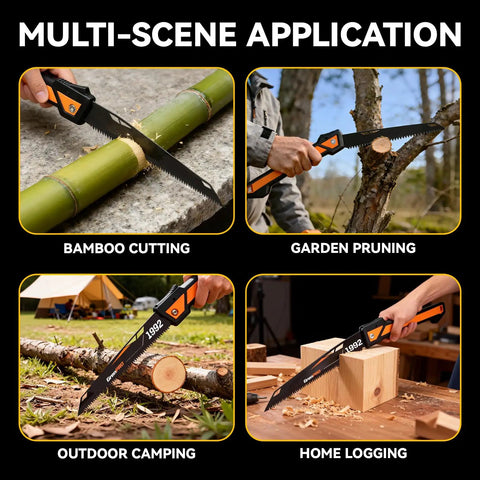 Folding Pruning Saw With 7 Inch SK5 Steel Blade Triple Ground 7TPI Teeth 3 Angle Lock Non Slip Handle Portable Hand Saw in use for various tasks including bamboo cutting, garden pruning, outdoor camping, and home logging.