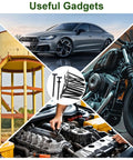 Collage of heavy duty nylon universal cable tie buckles with pin and button lock; car, motorcycle, water tower, and engine repair.