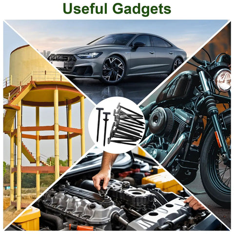 Collage of heavy duty nylon universal cable tie buckles with pin and button lock; car, motorcycle, water tower, and engine repair.