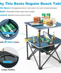 Folding Beach Table For Sand Camping With Insulated Cooler Storage And Four Cup Holders Portable Pop Up Picnic Table Lightweight Outdoor Side Table For Outdoor Use