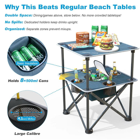 Folding Beach Table For Sand Camping With Insulated Cooler Storage And Four Cup Holders Portable Pop Up Picnic Table Lightweight Outdoor Side Table For Outdoor Use
