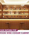 Stylish wooden wine cooler cabinet with illuminated shelves showcasing wine bottles and modern bar stools