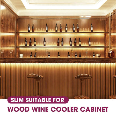 Stylish wooden wine cooler cabinet with illuminated shelves showcasing wine bottles and modern bar stools