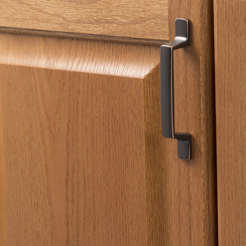 Solid Core Cabinet Pulls for Kitchen and Dresser Doors Richmond Collection Oil Rubbed Bronze Highlighted Bar Pulls With Three Inch Center To Center Four And Nine Sixteenths Inches Long Luxury Hardware For Contemporary And Traditional Includes Mounting installed on wooden cabinet door