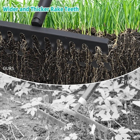 Heavy Duty Bow Rake With 60 Inch Adjustable Handle And 12 Tines For Soil Leveling, showcasing rake teeth comparison
