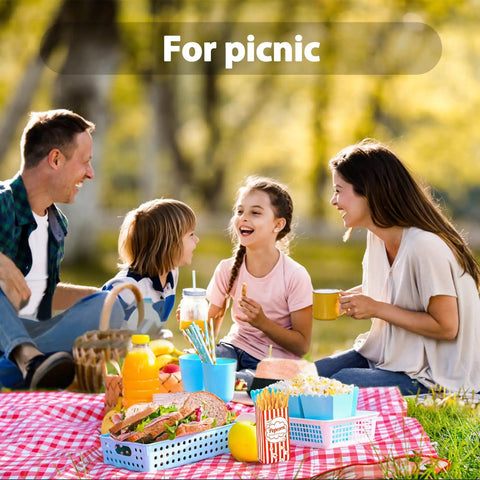 Family picnic with 100 Disposable Popcorn Bags 1oz Paper Bags For Popcorn And Kernels Mini Containers on a red blanket