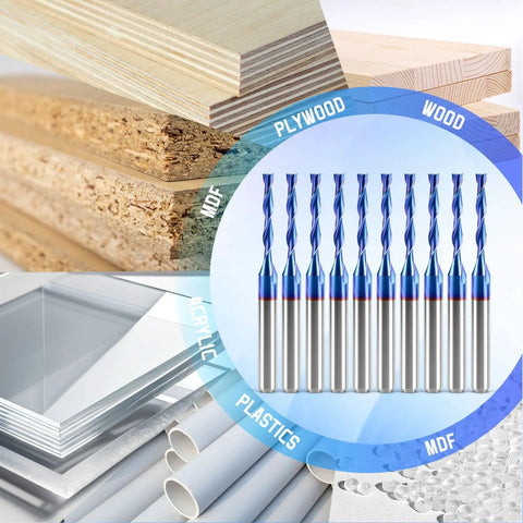 CNC Router Bits Set 1/8 Inch Shank 1/16 Inch Cutting Diameter Two Flute Upcut Flat Nose Carbide End Mills For Wood PVC MDF Hardwood 10Pcs Perfect For DIYers Carving Engraving 3D Relief And Sculpting Projects