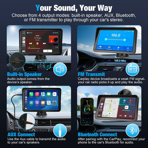 9 Inch Wireless CarPlay Screen For Cars With Apple CarPlay And Android Auto Receiver showing audio output modes.