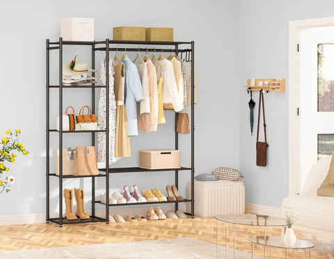 Sturdy Clothes Organizer And Storage Closet Rack With Hanging Rod And Four Shelves For Tops Coats Dresses And Accessories