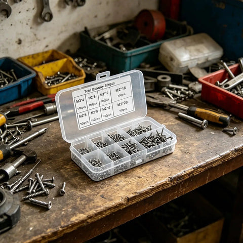 800-Piece Self-Tapping Screw Kit For Furniture And Cabinets With M2 Round Head Carbon Steel Screws in workshop setting