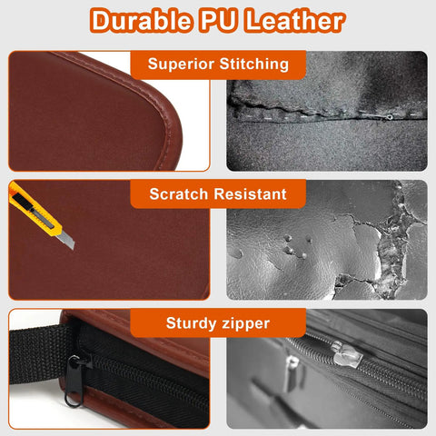 Close-up of brown leather case with stitching, scratch resistance, and zipper from All In One Golf Gear Set With Leather Case Rangefinder Balls Tees Brushes Ball Markers Clips Divot Tool And Scoreboard Perfect Gift For Men And Women Who Live For The Course.